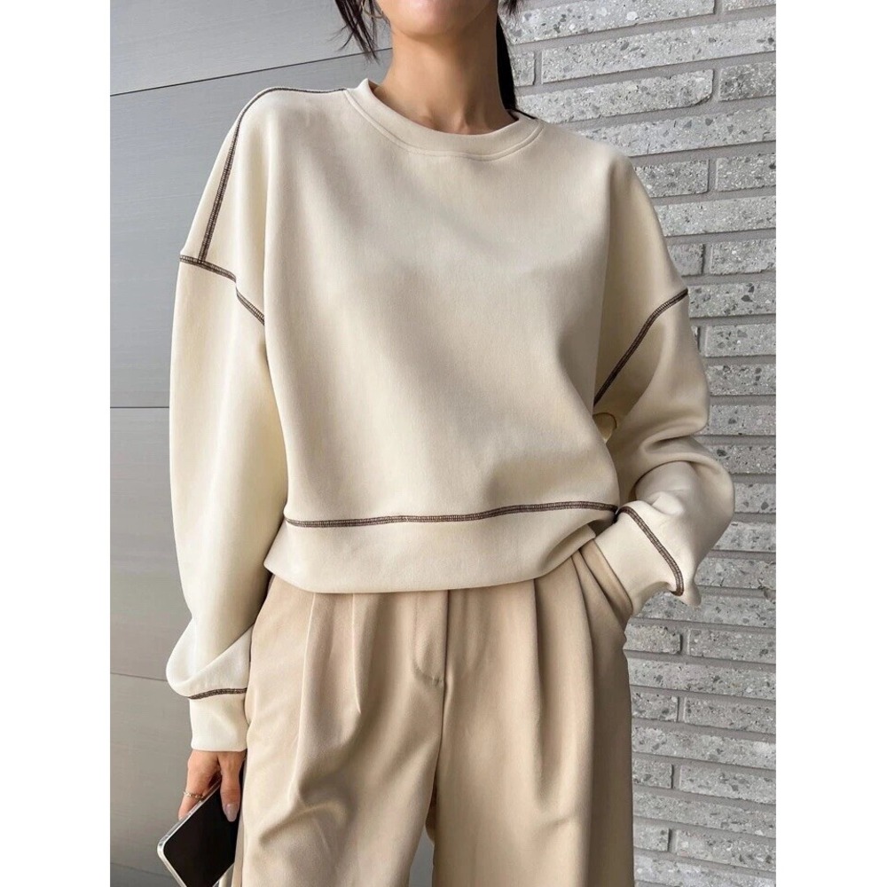 Women's XL Cream Sweatshirt Contrast Stitch Minimalist Lounge Pullover